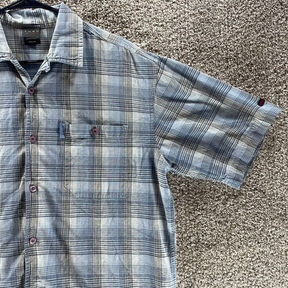 FUBU Shirt Mens Large Blue Plaid Short Sleeve Button Up Hip Hop Streetwear Logo - Picture 3 of 12